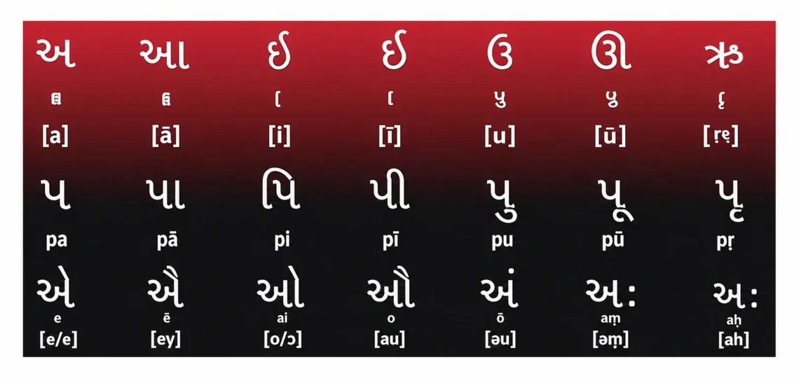 alt="Gujarati vowels and script characters with Devanagari equivalent letters and English phonetic transliterations"