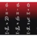 alt="Gujarati vowels and script characters with Devanagari equivalent letters and English phonetic transliterations"
